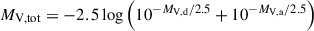 $$ \begin{aligned} M_{\rm V, tot} = -2.5 \log \left(10^{-M_{\rm V, d}/2.5} + 10^{-M_{\rm V, a}/2.5}\right) \end{aligned} $$