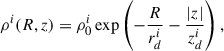 $$ \begin{aligned} \rho ^i (R,z) = \rho _0^i \exp \left(-\frac{R}{r_d^i}-\frac{|z|}{z_d^i}\right) , \end{aligned} $$