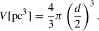$$ \begin{aligned} V [\mathrm{pc}^3] = \frac{4}{3}\pi \left(\frac{d}{2} \right)^3. \end{aligned} $$