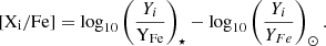 $$ \begin{aligned} \mathrm {[X_i/Fe]}=\log _{10}\left(\frac{Y_i}{\mathrm{{Y_{Fe}}}} \right)_\star - \log _{10}\left(\frac{Y_i}{Y_{Fe}} \right)_\odot . \end{aligned} $$