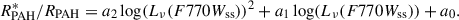 $$ \begin{aligned} {R^*_{\rm PAH}/R_{\rm PAH}} = a_2\log (L_{\nu }(F770W_{\rm ss}))^2 +a_1\log (L_{\nu }(F770W_{\rm ss})) + a_0. \end{aligned} $$