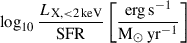 $ \log_{10} \frac{L_{\rm X, < 2\,keV}}{{\rm SFR}} \left[\frac{{\rm erg\,s}^{-1}}{{\rm M}_\odot\,{\rm yr}^{-1}}\right] $