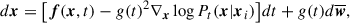 $$ \begin{aligned} d\boldsymbol{x} = \big [\boldsymbol{f}(\boldsymbol{x},t) - g(t)^2 \nabla _{\boldsymbol{x}} \log P_{t} (\boldsymbol{x}|\boldsymbol{x}_i) \big ] dt + g(t) d\boldsymbol{\overline{w}}, \end{aligned} $$