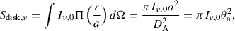 $$ \begin{aligned} S_{\rm disk, \nu } =\int {I_{\nu ,0}\Pi \left(\frac{r}{a}\right)d\Omega } =\frac{\pi I_{\nu ,0}a^2}{D_{\rm A}^2} =\pi I_{\nu ,0}\theta _{\rm a}^2, \end{aligned} $$