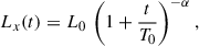 $$ \begin{aligned} L_x(t) = L_0\,\left(1 + \frac{t}{T_0}\right)^{-\alpha }, \end{aligned} $$