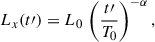 $$ \begin{aligned} L_x(t\prime ) = L_0\,\left(\frac{t\prime }{T_0}\right)^{-\alpha }, \end{aligned} $$