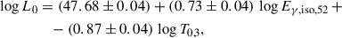 $$ \begin{aligned} \log {L_0}&= (47.68\pm 0.04) + (0.73\pm 0.04)\,\log {E_{{\gamma ,\mathrm{iso}},52}}\, + \\\nonumber&\quad - (0.87\pm 0.04)\,\log {T_{0,3}}, \end{aligned} $$