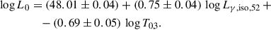 $$ \begin{aligned} \log {L_0}&= (48.01\pm 0.04)+(0.75\pm 0.04)\,\log {L_{{\gamma ,\mathrm{iso}},52}}\, + \\\nonumber&\quad - (0.69\pm 0.05)\,\log {T_{0,3}}. \end{aligned} $$