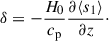 $$ \begin{aligned} \delta = -\frac{H_0}{c_{\rm p}}\frac{\partial \langle s_1 \rangle }{\partial z}\cdot \end{aligned} $$