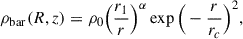 $$ \begin{aligned} \rho _{\rm bar}(R, z) = \rho _0\Big (\frac{r_1}{r}\Big )^\alpha \exp {\Big (-\frac{r}{r_c}\Big )^2}, \end{aligned} $$