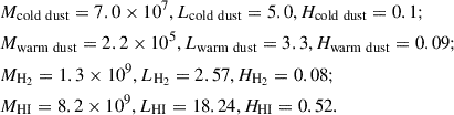 $$ \begin{aligned}&M_{\rm cold\ dust} = 7.0\times 10^7, L_{\rm cold\ dust} = 5.0, H_{\rm cold\ dust} = 0.1; \nonumber \\&M_{\rm warm\ dust} = 2.2\times 10^5, L_{\rm warm\ dust} = 3.3, H_{\rm warm\ dust} = 0.09; \nonumber \\&M_{\rm H_2} = 1.3\times 10^9, L_{\rm H_2} = 2.57, H_{\rm H_2} = 0.08; \nonumber \\&M_{\rm HI} = 8.2\times 10^9, L_{\rm HI} = 18.24, H_{\rm HI} = 0.52. \end{aligned} $$