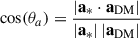 $$ \begin{aligned} \cos (\theta _a) = \frac{ | \mathbf a _{*} \cdot \mathbf a _\mathrm{DM} | }{|\mathbf a _{*}|\,|\mathbf a _\mathrm{DM} |} \end{aligned} $$