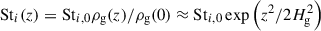 $ \mathrm{St}_{i}(z) = \mathrm{St}_{i,0} \rho_{\mathrm{g}}(z)/\rho_{\mathrm{g}}(0) \approx \mathrm{St}_{i,0} \exp \left(z^{2}/ 2 H_{\mathrm{g}}^{2}\right) $