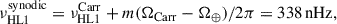 $$ \begin{aligned} \nu _{\rm HL1}^\mathrm{synodic} = \nu _{\rm HL1}^\mathrm{Carr}+ m(\Omega _{\rm Carr}-\Omega _{\oplus })/2\pi = 338\,\mathrm{nHz}, \end{aligned} $$