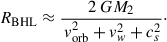 $$ \begin{aligned} R_{\rm BHL} \approx \frac{2\,G M_2}{\,v_{\rm orb}^2 + v_w^2 + c_s^2}\cdot \end{aligned} $$