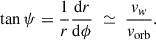 $$ \begin{aligned} \tan \psi =\frac{1}{r}\frac{\mathrm{d}r}{\mathrm{d}\phi }\;\simeq \;\frac{v_w}{v_{\rm orb}}. \end{aligned} $$
