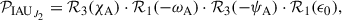$$ \begin{aligned} \mathcal{P} _{\mathrm{IAU}_{J_2}}=\mathcal{R} _3(\chi _{\rm A})\cdot \mathcal{R} _1(-\omega _{\rm A})\cdot \mathcal{R} _3(-\psi _{\rm A})\cdot \mathcal{R} _1(\epsilon _0), \end{aligned} $$