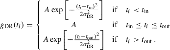 $$ \begin{aligned} g_{\rm DR}(t_{i}) = \left\{ \!\! \begin{array}{ccl} A \exp \left[ -\frac{(t_{i} - t_{\rm in})^{2}}{2\sigma ^{2}_{\rm DR}} \right]&\mathrm{ if }&t_{i} < t_{\rm in} \\ A&\mathrm{ if }&t_{\rm in} \le t_{i} \le t_{\rm out} \\ A \exp \left[ -\frac{(t_{i} - t_{\rm out})^{2}}{2\sigma ^{2}_{\rm DR}} \right]&\mathrm{ if }&t_{i} > t_{\rm out}\,. \\ \end{array} \right. \end{aligned} $$