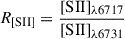 $$ \begin{aligned} {{R}}_{[\mathrm{{SII}}]} = \frac{[\mathrm{{SII}}]_{\lambda 6717}}{[\mathrm{{SII}}]_{\lambda 6731}} \end{aligned} $$