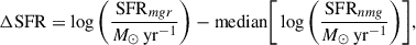 $$ \begin{aligned} \Delta \mathrm{SFR} = \log \bigg (\frac{\mathrm{SFR}_{mgr}}{M_{\odot }\,\mathrm{yr}^{-1}}\bigg ) - \mathrm{median}\bigg [ \log \bigg (\frac{\mathrm{SFR}_{nmg}}{M_{\odot }\,\mathrm{yr}^{-1}}\bigg ) \bigg ], \end{aligned} $$