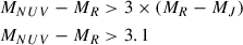 $$ \begin{aligned}&M_{NUV}-M_{R}>3\times (M_R-M_J)\\&M_{NUV}-M_R>3.1\end{aligned} $$