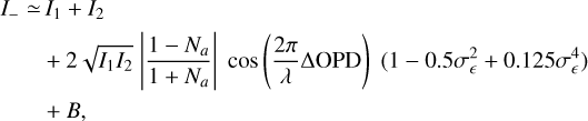\begin{aligned} I_{-} \simeq & \, I_1 + I_2 \\ & + 2 \sqrt{I_1 I_2} \; \Bigg| \frac{1 - N_a}{1 + N_a} \Bigg| \; \cos\left(\frac{2 \pi}{\lambda} \Delta \text{OPD}\right) \; (1 - 0.5 \sigma_{\epsilon}^2 + 0.125 \sigma_{\epsilon}^4) \\ & + B,\vspace*{-3pt} \end{aligned}