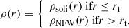 $$ \begin{aligned} \rho (r) = {\left\{ \begin{array}{ll} \rho _\text{soli}(r) \text{ if} r \le r_\text{t} \\ \rho _\text{NFW}(r) \text{ if} r > r_\text{t}. \end{array}\right.} \end{aligned} $$