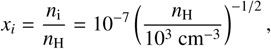 $x_{i}=\frac{n_{\mathrm{i}}}{n_{\mathrm{H}}}=10^{-7}\left(\frac{n_{\mathrm{H}}}{10^{3} \mathrm{~cm}^{-3}}\right)^{-1 / 2},$