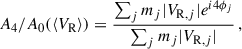 $$ \begin{aligned} A_4/A_0 (\langle V_{\rm R} \rangle ) = \frac{\sum _j m_j |V_{\mathrm{R},j}| e^{i4\phi _j}}{\sum _j m_j |V_{\mathrm{R},j}|}\,, \end{aligned} $$