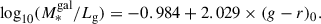 $$ \begin{aligned} \log _{10}(M_{*}^\mathrm{gal}/L_{\rm g}) = -0.984+2.029\times (g-r)_0. \end{aligned} $$
