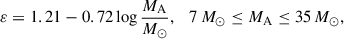 $$ \begin{aligned} \varepsilon = 1.21 - 0.72 \log \frac{M_\mathrm{A} }{M_\odot }, \quad 7\,M_\odot \le M_\mathrm{A} \le 35\,M_\odot , \end{aligned} $$