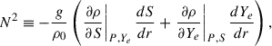 $$ \begin{aligned} N^2 \equiv - \frac{g}{\rho _0} \left(\left. \frac{\partial \rho }{\partial S}\right|_{P,Y_e} \frac{d S}{d r} + \left. \frac{\partial \rho }{\partial Y_e}\right|_{P,S} \frac{d Y_e}{d r} \right), \end{aligned} $$
