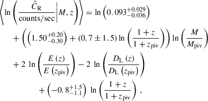 $$ \begin{aligned}&\left\langle \ln \left(\frac{\hat{C}_{\mathrm{R} }}{\mathrm{counts} /\mathrm{sec} } \bigg | {M},{z} \right)\right\rangle = \ln \left(0.093^{+0.029}_{-0.036}\right)\\&\qquad +\left(\left(1.50^{+0.20}_{-0.30}\right) + \left( 0.7\pm 1.5 \right)\ln \left(\frac{1 + {z}}{1 + z_{\mathrm{piv} }}\right) \right)\ln \left(\frac{{M}}{M_{\mathrm{piv} }}\right)\\&\qquad +2\ \ln \left(\frac{E\left({z}\right)}{E\left(z_{\mathrm{piv} }\right)}\right) -2\ \ln \left(\frac{D_{\mathrm{L} }\left({z}\right)}{D_{\mathrm{L} }\left(z_{\mathrm{piv} }\right)}\right) \\&\qquad \qquad \qquad +\left( -0.8^{+1.5}_{-1.1}\right)\ \ln \left(\frac{1 + {z}}{1 + z_{\mathrm{piv} }}\right) \, , \nonumber \end{aligned} $$