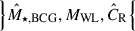 $ \left\}\hat{M}_{\star,\mathrm{BCG}}, M_{\mathrm{WL}}, \hat{C}_{\mathrm{R}}\right\{ $