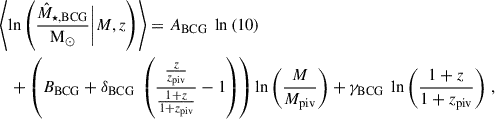 $$ \begin{aligned}&\left\langle \ln \left(\frac{{\hat{M}_{\star ,\mathrm{BCG} }}}{{\mathrm{M}_{\odot }}} \bigg | {M},{z} \right)\right\rangle =A_{\mathrm{BCG} }\ \ln \left(10\right) \nonumber \\&\quad + \left( B_{\mathrm{BCG} } + \delta _{\mathrm{BCG} }\ \left( \frac{ \frac{{z}}{z_{\mathrm{piv} }} }{ \frac{1 + {z}}{1 + z_{\mathrm{piv} }} } - 1\right) \right) \ln \left(\frac{{M}}{M_{\mathrm{piv} }}\right) + \gamma _{\mathrm{BCG} }\ \ln \left(\frac{1 + {z}}{1 + z_{\mathrm{piv} }}\right) \, , \end{aligned} $$