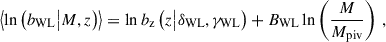 $$ \begin{aligned} \left\langle \ln \left( b_{\mathrm{WL} } \big | {M},{z} \right)\right\rangle = \ln b_{\mathrm{z} }\left({z} \big | \delta _{\mathrm{WL} }, \gamma _{\mathrm{WL} } \right) + B_{\mathrm{WL} } \ln \left(\frac{{M}}{M_{\mathrm{piv} }}\right) \, , \end{aligned} $$