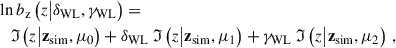 $$ \begin{aligned}&\ln b_{\mathrm{z} }\left({z} \big | \delta _{\mathrm{WL} }, \gamma _{\mathrm{WL} } \right) = \nonumber \\&\quad \mathfrak{I} \left({z} \big | \mathbf{z }_{\mathrm{sim} }, \mathbf \mu _0 \right) + \delta _{\mathrm{WL} }\ \mathfrak{I} \left({z} \big | \mathbf{z }_{\mathrm{sim} }, \mathbf \mu _1 \right) + \gamma _{\mathrm{WL} }\ \mathfrak{I} \left({z} \big | \mathbf{z }_{\mathrm{sim} }, \mathbf \mu _2 \right) \, , \end{aligned} $$