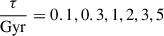 $ \frac{\tau}{\mathrm{Gyr}} = 0.1, 0.3, 1, 2, 3, 5 $