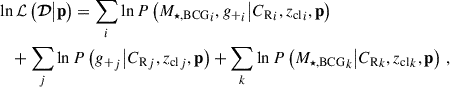 $$ \begin{aligned}&\ln \mathcal{L} \left(\boldsymbol{\mathcal{D} } \big | \mathbf p \right) =\sum _{i}\ln P\left( {M_{\star ,\mathrm{BCG} }}_{i}, {{g_{+}}}_{i} \big | {C_{\mathrm{R} }}_{i}, {z_{\mathrm{cl} }}_{i}, \mathbf p \right) \nonumber \\&\quad + \sum _{j}\ln P\left( {{g_{+}}}_{j} \big | {C_{\mathrm{R} }}_{j}, {z_{\mathrm{cl} }}_{j}, \mathbf p \right) +\sum _{k}\ln P\left( {M_{\star ,\mathrm{BCG} }}_{k} \big | {C_{\mathrm{R} }}_{k}, {z_{\mathrm{cl} }}_{k}, \mathbf p \right) \, , \end{aligned} $$
