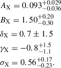 $$ \begin{aligned}&A_{\mathrm{X} } =0.093^{+0.029}_{-0.036} \,\nonumber \\&B_{\mathrm{X} } = 1.50^{+0.20}_{-0.30} \,\nonumber \\&\delta _{\mathrm{X} } = 0.7\pm 1.5 \, \\&\gamma _{\mathrm{X} } = -0.8^{+1.5}_{-1.1} \,\nonumber \\&\sigma _{\mathrm{X} } = 0.56^{+0.17}_{-0.23}. \,\nonumber \end{aligned} $$