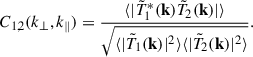 $$ \begin{aligned} C_{1,2}(k_{\perp }, k_{\parallel }) = \frac{\langle | \tilde{T}_1^*(\mathbf k ) \tilde{T}_2(\mathbf k ) |\rangle }{\sqrt{\langle | \tilde{T}_1(\mathbf k )|^2\rangle \langle | \tilde{T}_2(\mathbf k )|^2 \rangle }}. \end{aligned} $$