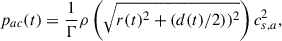 $$ \begin{aligned}&p_{ac}(t) = \frac{1}{\Gamma }\rho \left(\sqrt{r(t)^2 +(d(t)/2))^2}\right)c_{s,a}^2,\end{aligned} $$