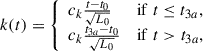 $$ \begin{aligned} k(t) = {\left\{ \begin{array}{ll} {c_k\frac{t-t_0}{\sqrt{L_0}}}&\mathrm{if}\; t \le t_{3a}, \\ {c_k\frac{t_{3a}-t_0}{\sqrt{L_0}}}&\mathrm{if}\; t > t_{3a}, \end{array}\right.} \end{aligned} $$