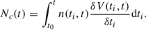$$ \begin{aligned} N_c(t) = \int _{t_0}^t n(t_i,t)\frac{\delta V(t_i,t)}{\delta t_i}\mathrm{d}t_i. \end{aligned} $$