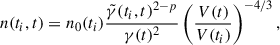 $$ \begin{aligned} n(t_i,t) = n_0(t_i) \frac{\tilde{\gamma }(t_i,t)^{2-p}}{\gamma (t)^2} \left(\frac{V(t)}{V(t_i)}\right)^{-4/3}, \end{aligned} $$