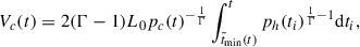 $$ \begin{aligned} V_c(t) = 2(\Gamma -1) L_0 p_c(t)^{-\frac{1}{\Gamma }}\int _{\tilde{t}_{\rm min}(t)}^t p_h(t_i)^{\frac{1}{\Gamma }-1} \mathrm{d}t_i, \end{aligned} $$