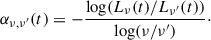 $$ \begin{aligned} \alpha _{\nu ,\nu ^{\prime }}(t) = -\frac{\log (L_\nu (t)/L_{\nu ^{\prime }}(t))}{\log (\nu /\nu ^{\prime })}\cdot \end{aligned} $$