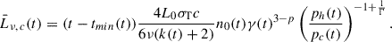 $$ \begin{aligned} \bar{L}_{\nu , \, c}(t) = (t-t_{min}(t))\frac{4 L_0\sigma _{\mathrm{T} }c}{6 \nu (k(t)+2)} n_0(t) \gamma (t)^{3-p} \left(\frac{p_h(t)}{p_c(t)}\right)^{-1+\frac{1}{\Gamma }}. \end{aligned} $$