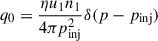 $ q_0= \frac{\eta u_1 n_1}{4 \pi p_{\mathrm{inj}}^2} \delta (p-p_{\mathrm{inj}}) $
