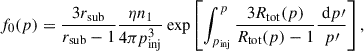 $$ \begin{aligned} f_0(p) = \frac{3 r_{\rm sub}}{r_{\rm sub} - 1}\frac{\eta n_1}{4 \pi p_{\rm inj}^3} \exp \left[ \int _{p_{\rm inj}}^p \frac{3 R_{\rm tot}(p)}{R_{\rm tot}(p)-1} \frac{\text{ d}p\prime }{p\prime }\right] ,\end{aligned} $$